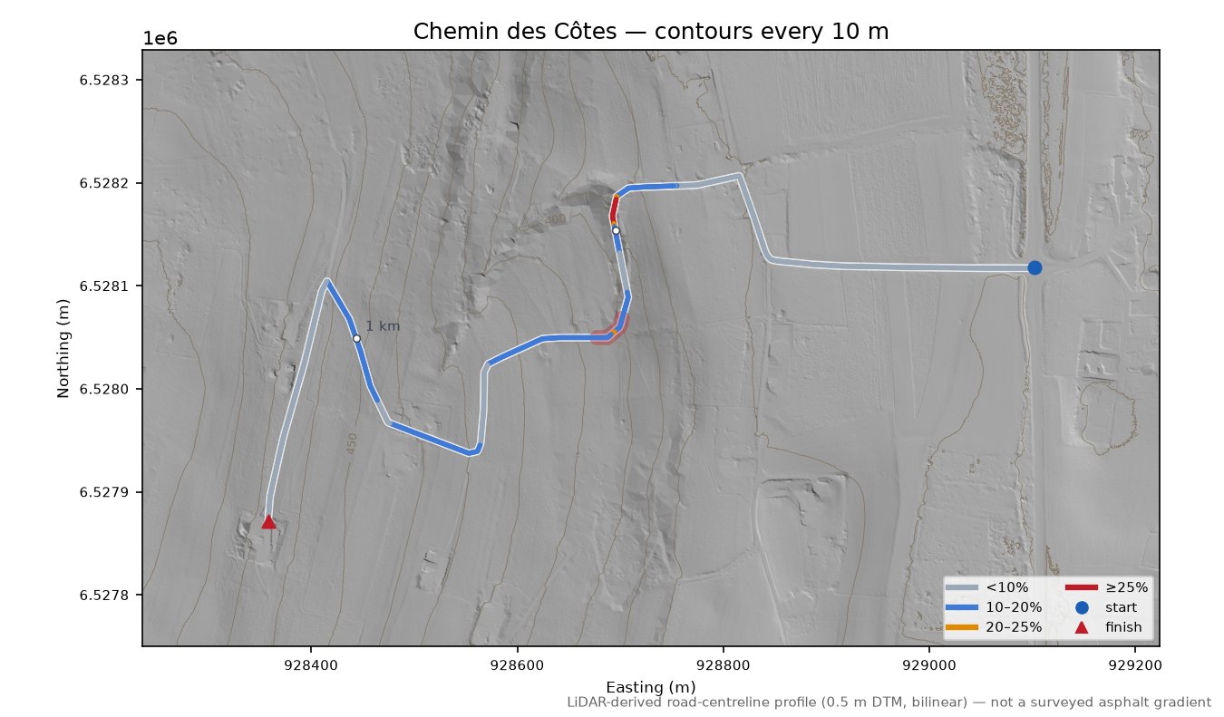Chemin des Côtes LiDAR hillshade map with contours