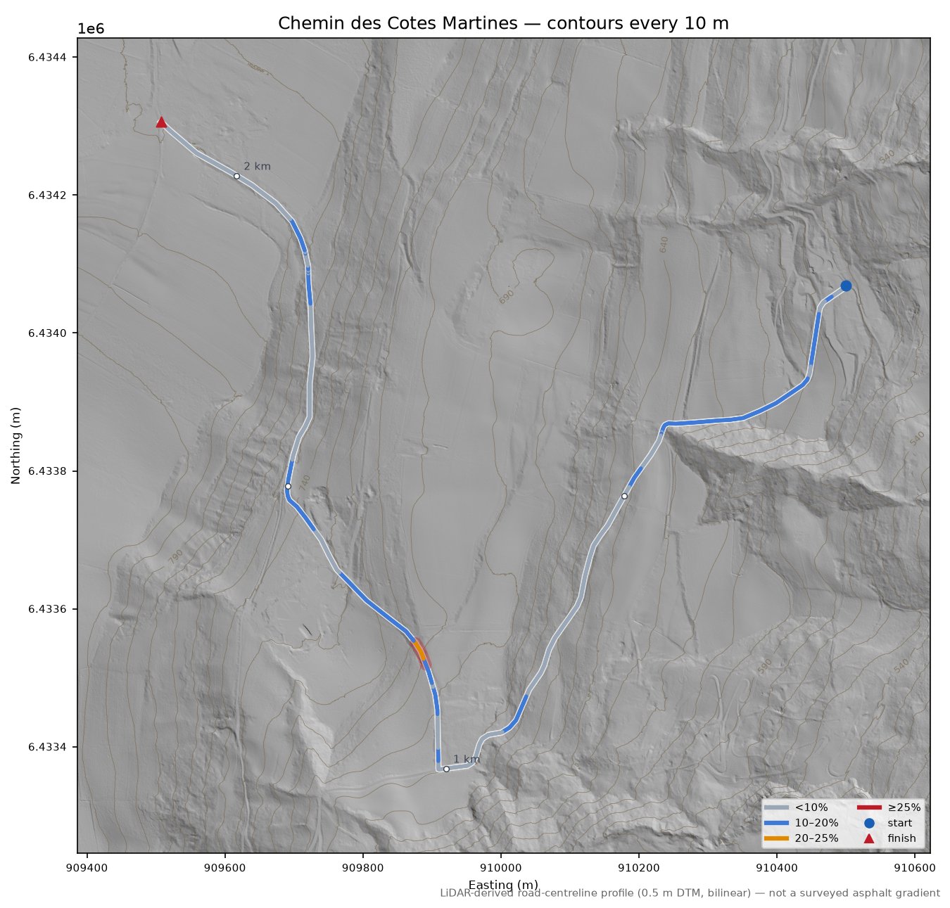 Chemin des Cotes Martines LiDAR hillshade map with contours