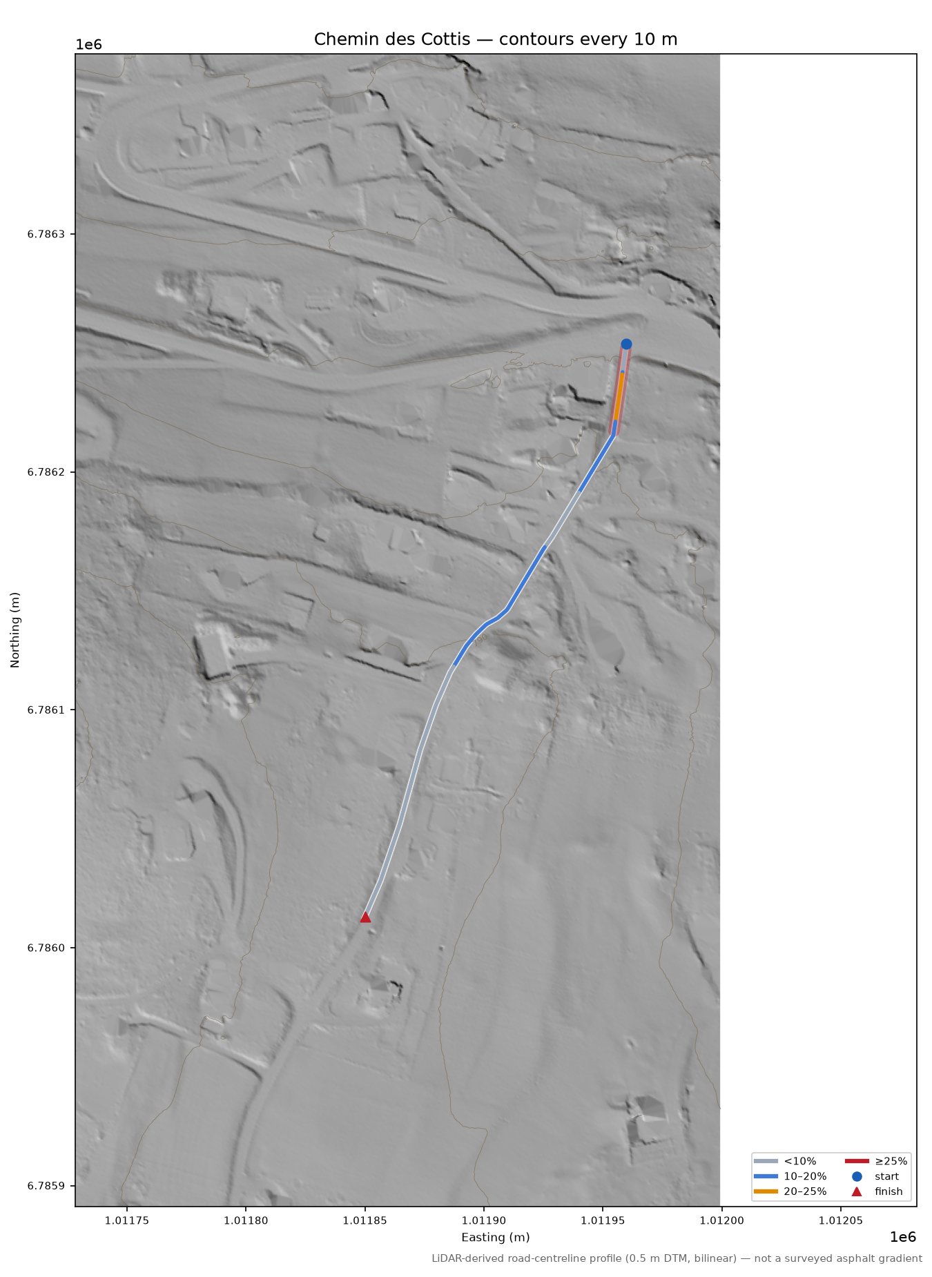 Chemin des Cottis LiDAR hillshade map with contours