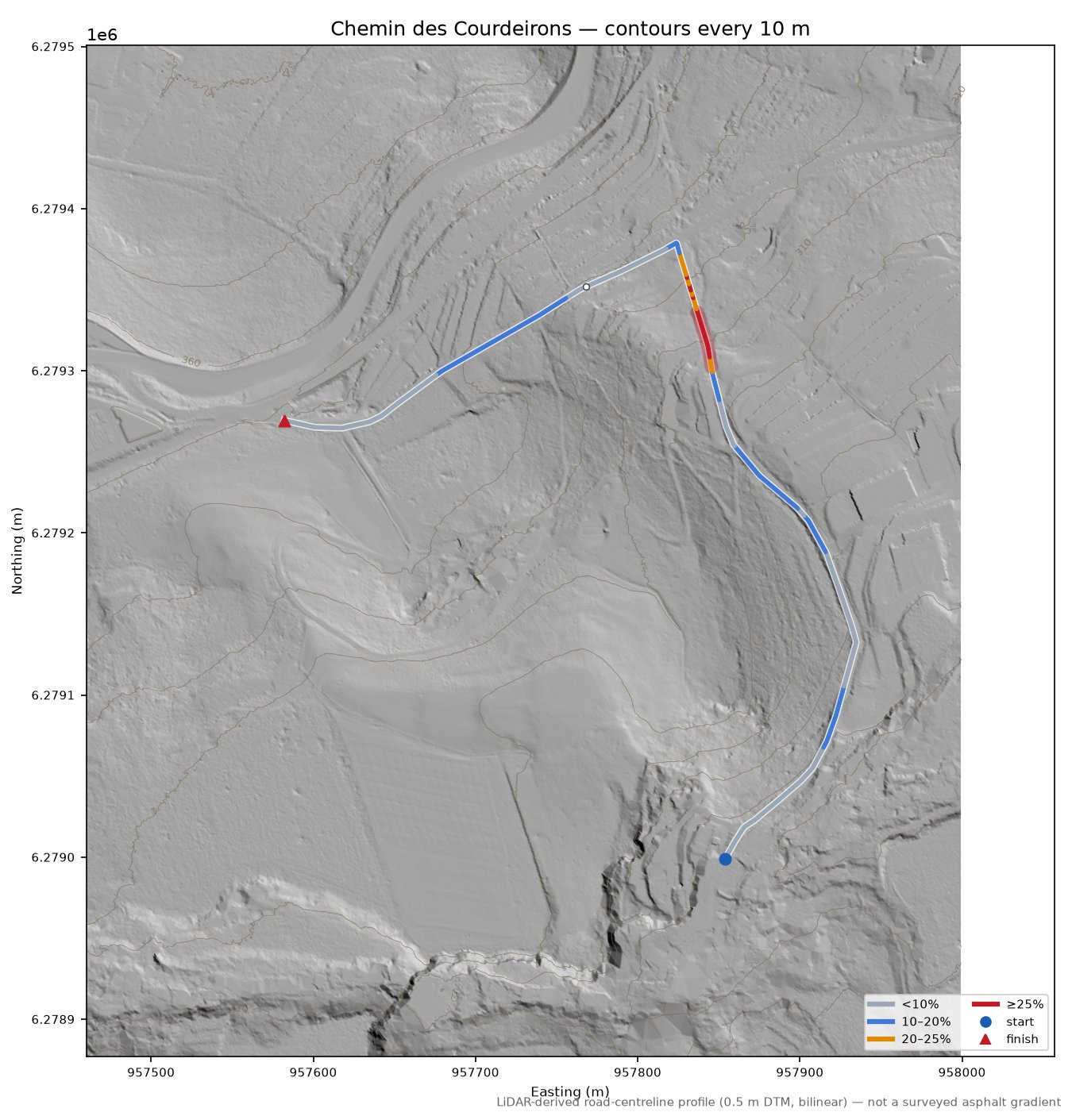 Chemin des Courdeirons LiDAR hillshade map with contours