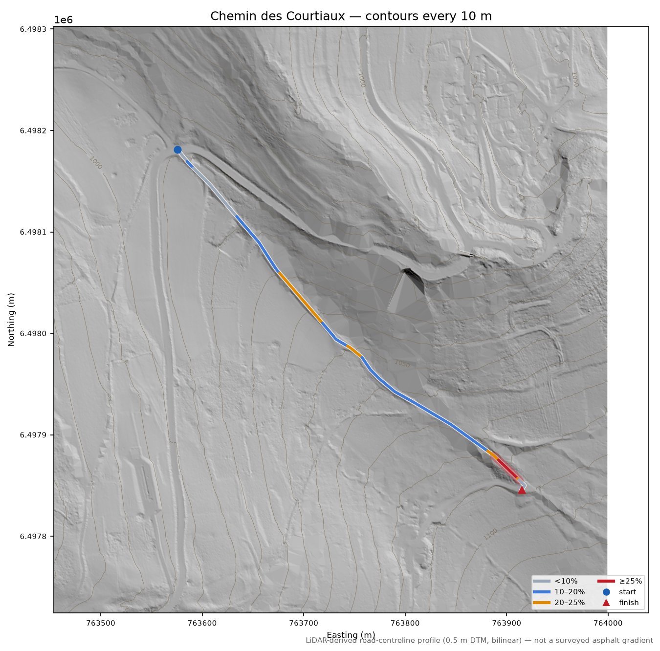 Chemin des Courtiaux LiDAR hillshade map with contours