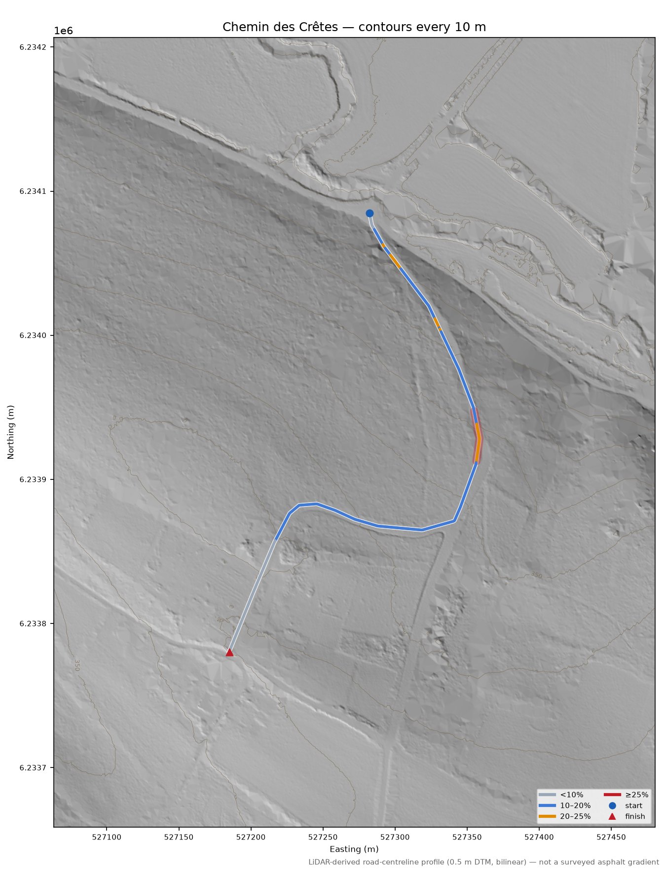 Chemin des Crêtes LiDAR hillshade map with contours