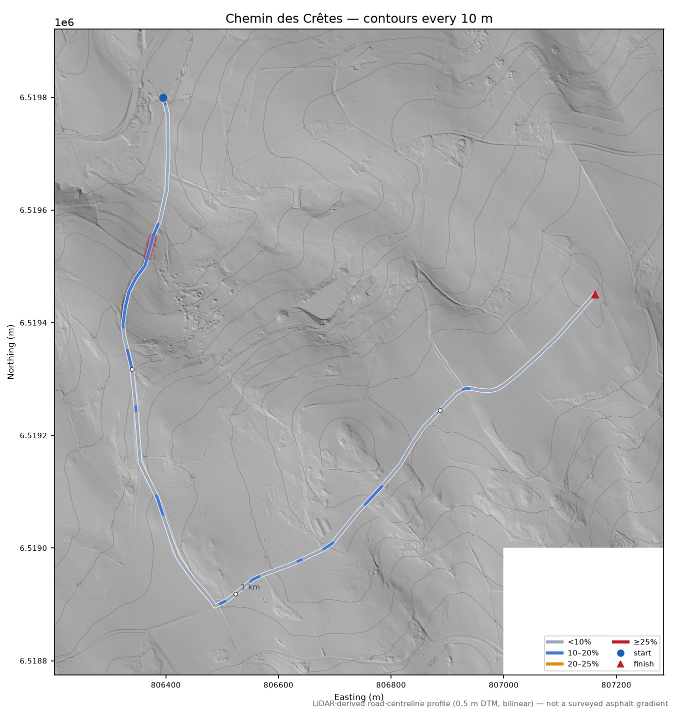 Chemin des Crêtes LiDAR hillshade map with contours