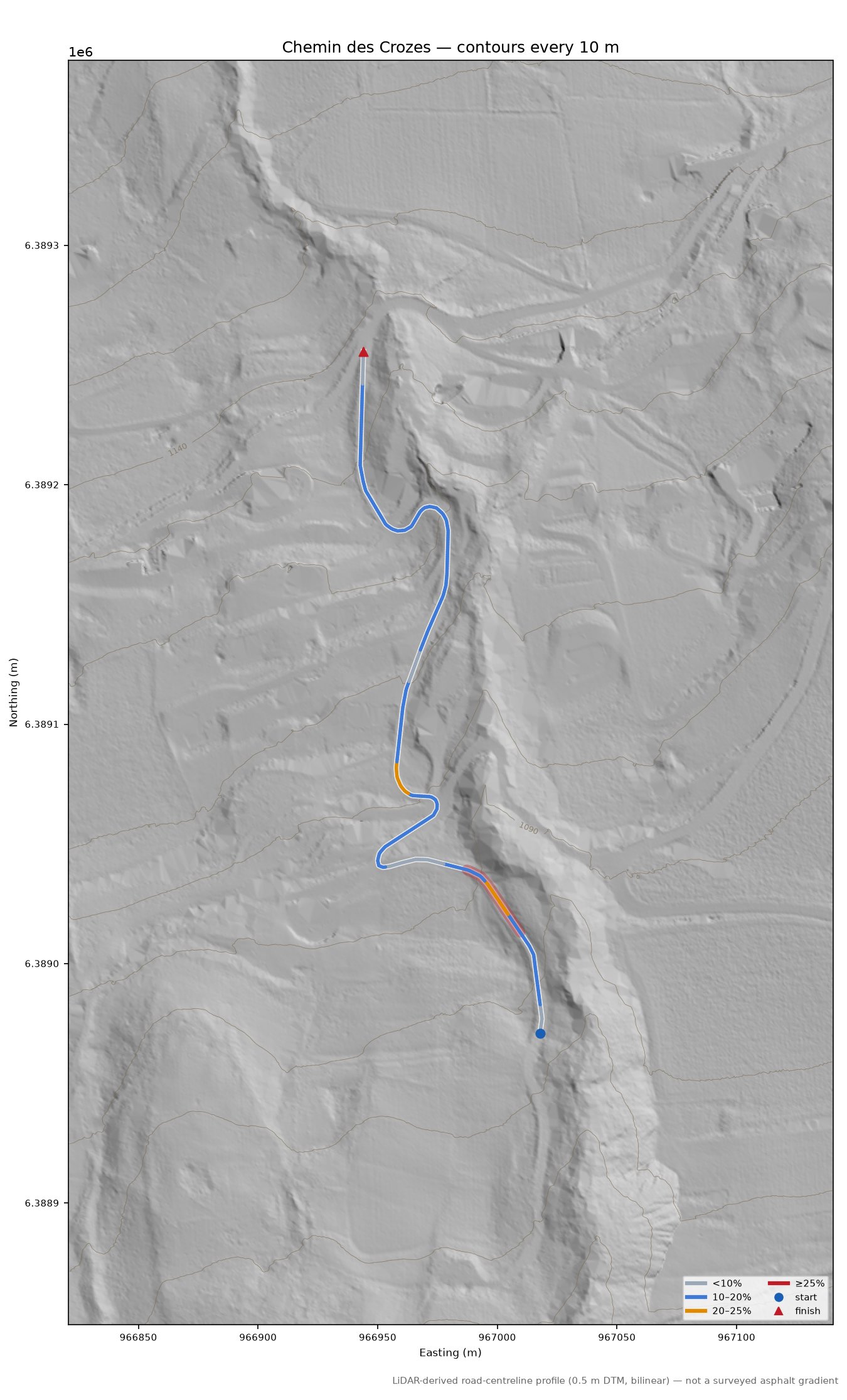 Chemin des Crozes LiDAR hillshade map with contours