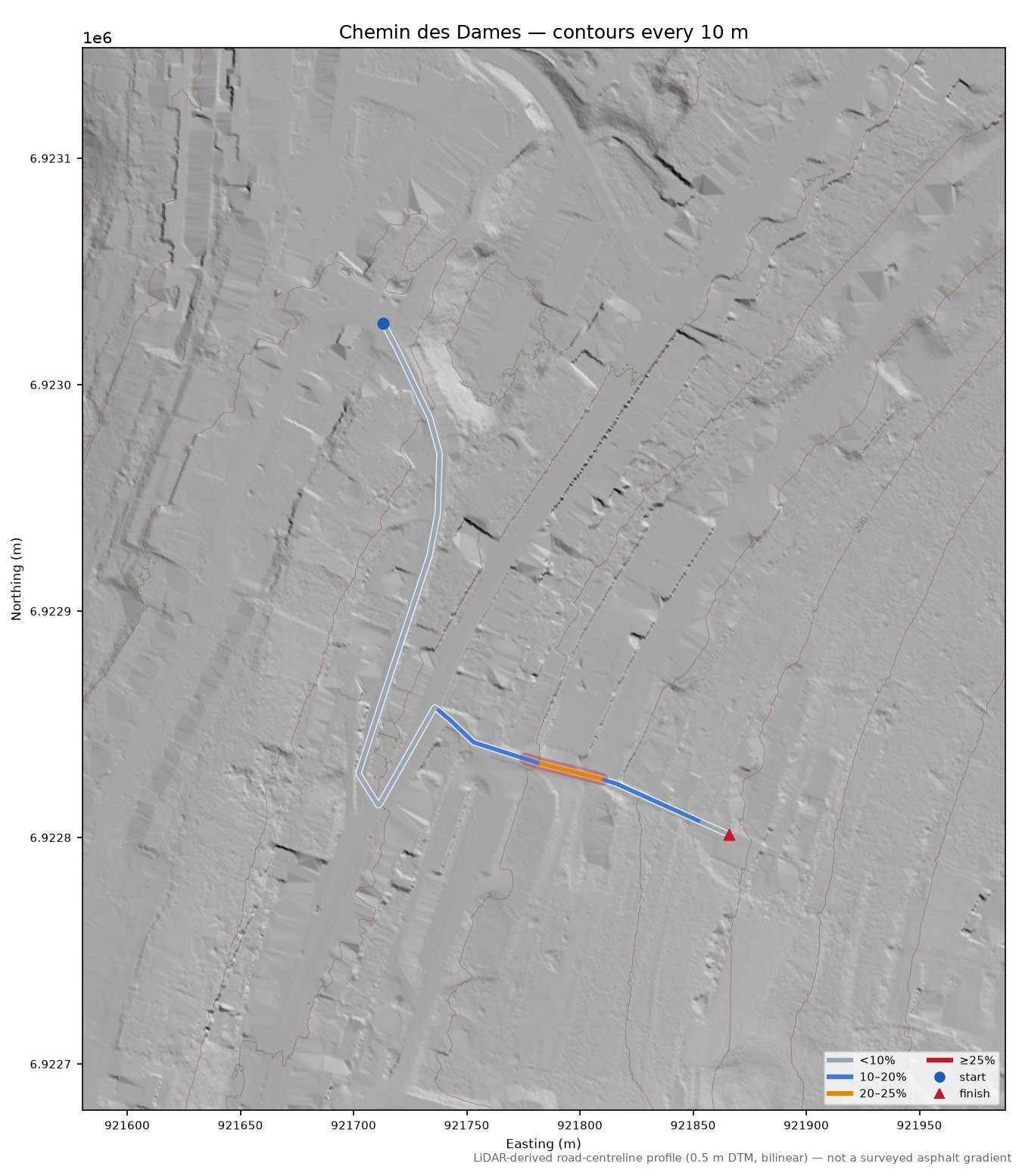 Chemin des Dames LiDAR hillshade map with contours