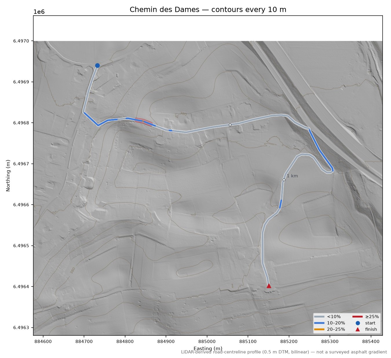 Chemin des Dames LiDAR hillshade map with contours