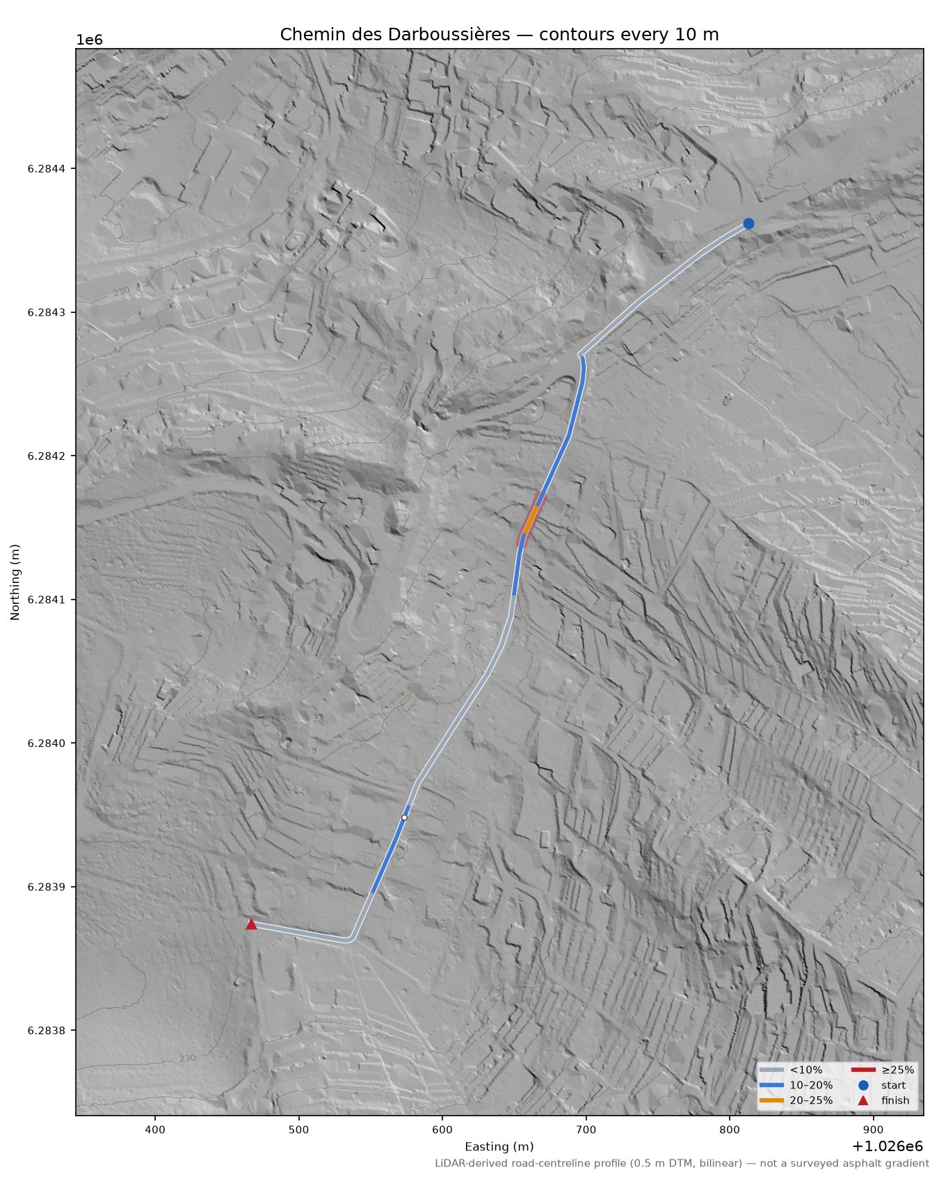 Chemin des Darboussières LiDAR hillshade map with contours