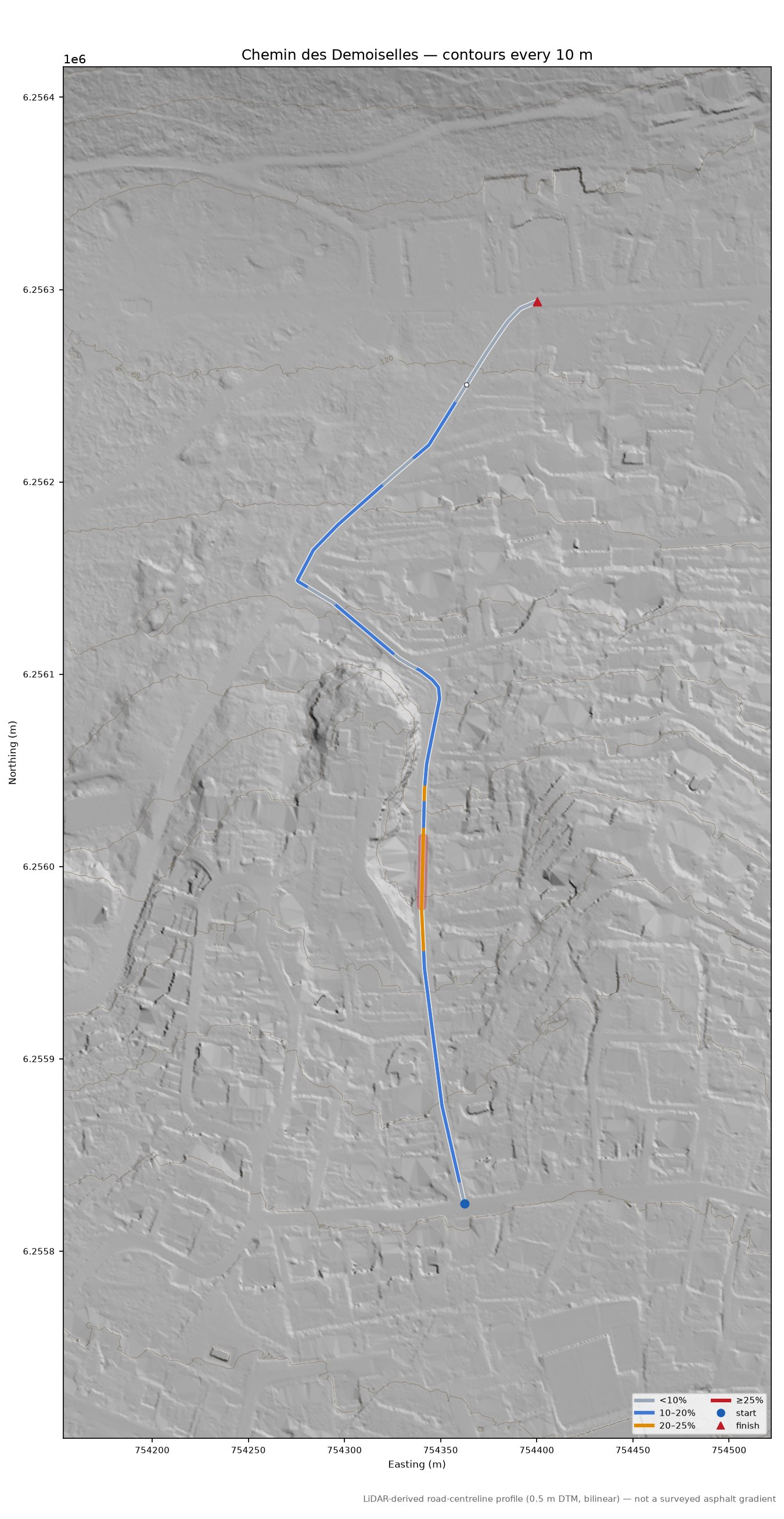 Chemin des Demoiselles LiDAR hillshade map with contours