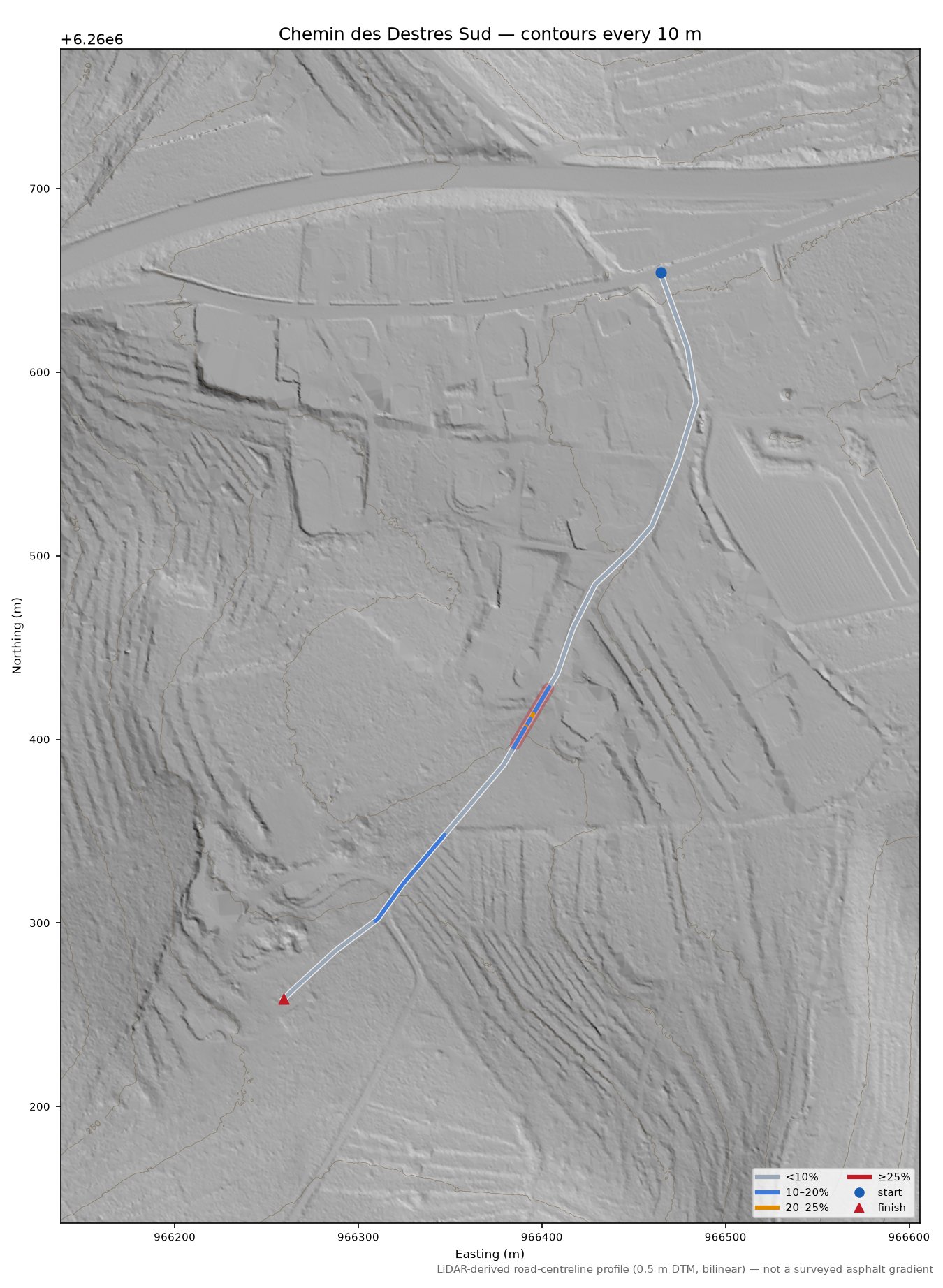 Chemin des Destres Sud LiDAR hillshade map with contours