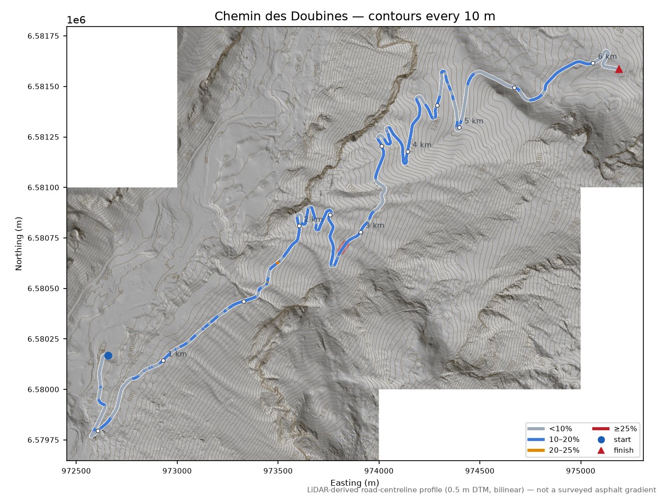 Chemin des Doubines LiDAR hillshade map with contours