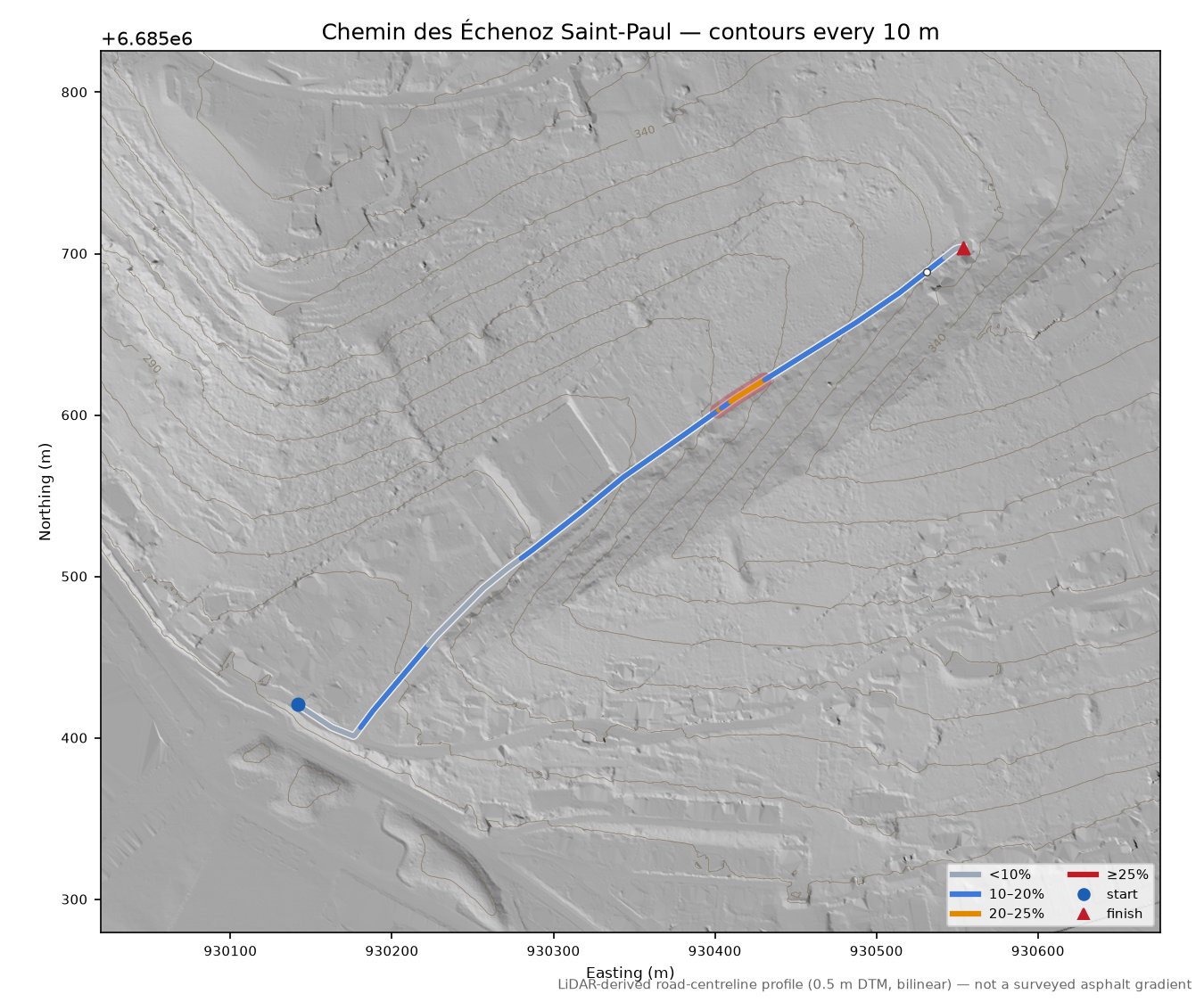 Chemin des Échenoz Saint-Paul LiDAR hillshade map with contours
