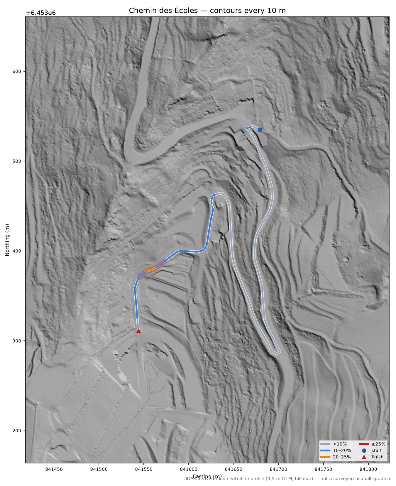 Chemin des Écoles LiDAR hillshade map with contours