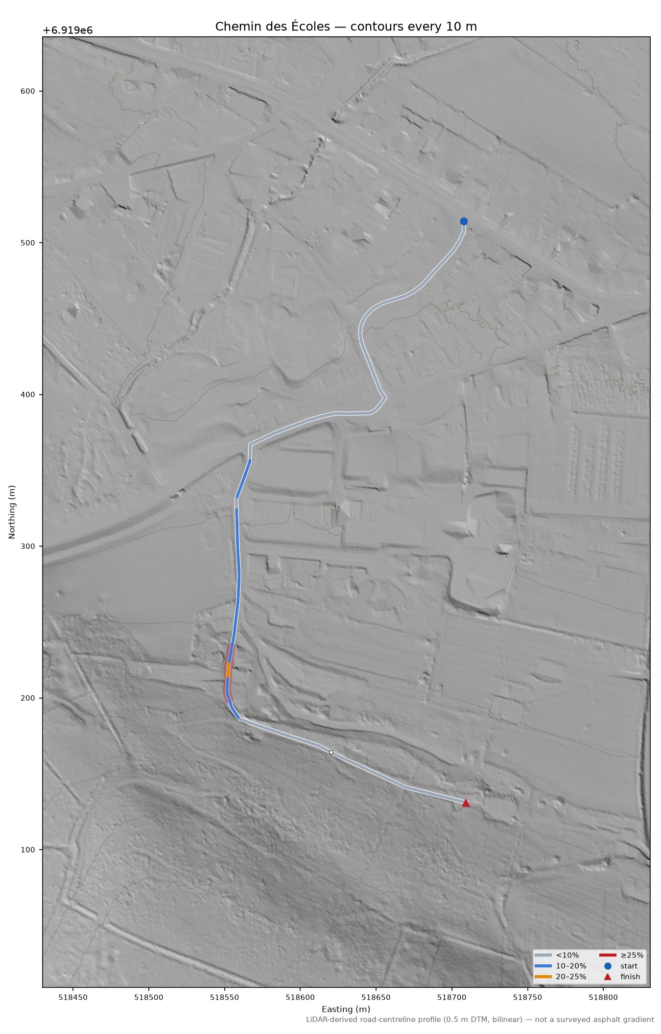 Chemin des Écoles LiDAR hillshade map with contours