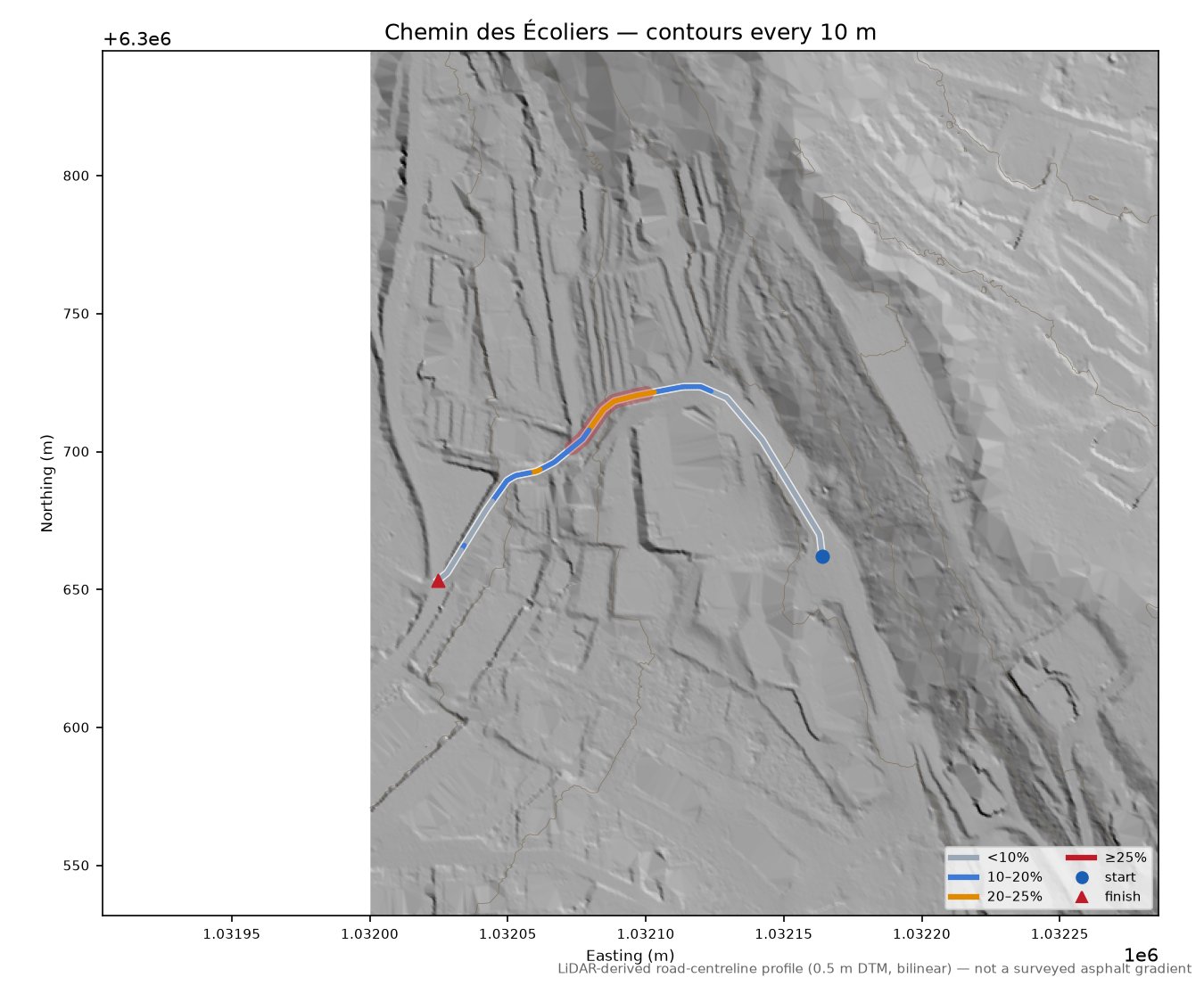 Chemin des Écoliers LiDAR hillshade map with contours
