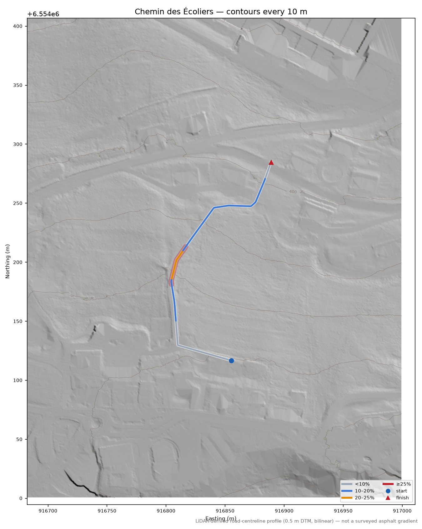 Chemin des Écoliers LiDAR hillshade map with contours