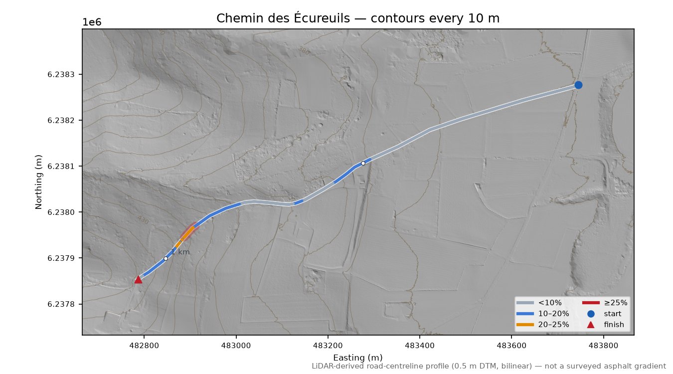 Chemin des Écureuils LiDAR hillshade map with contours