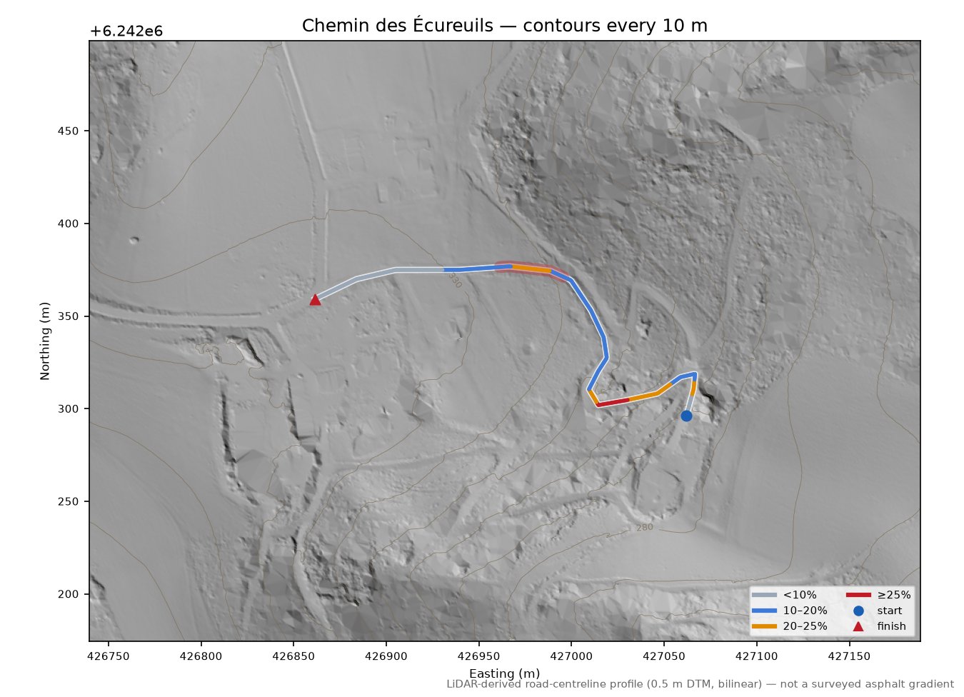 Chemin des Écureuils LiDAR hillshade map with contours