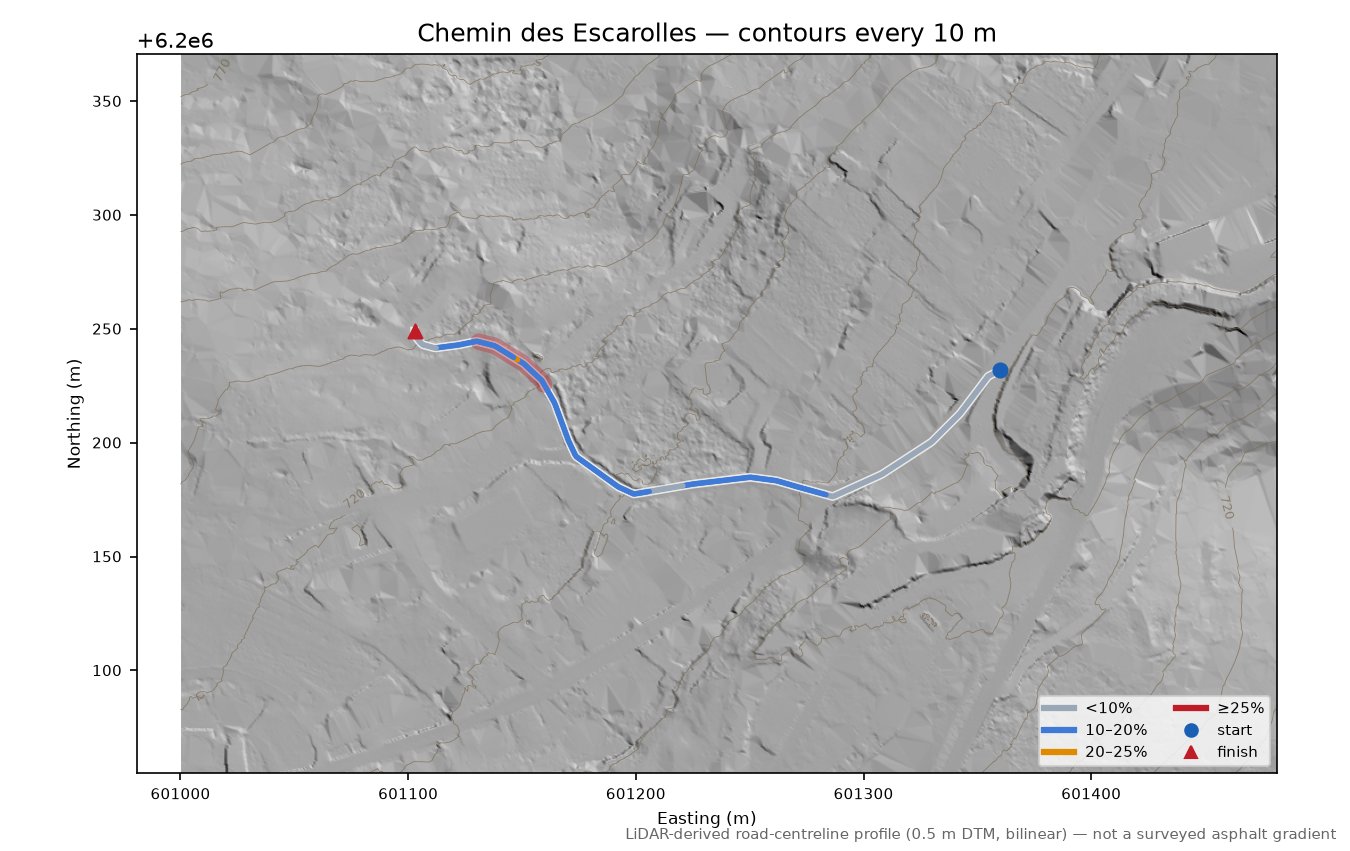 Chemin des Escarolles LiDAR hillshade map with contours
