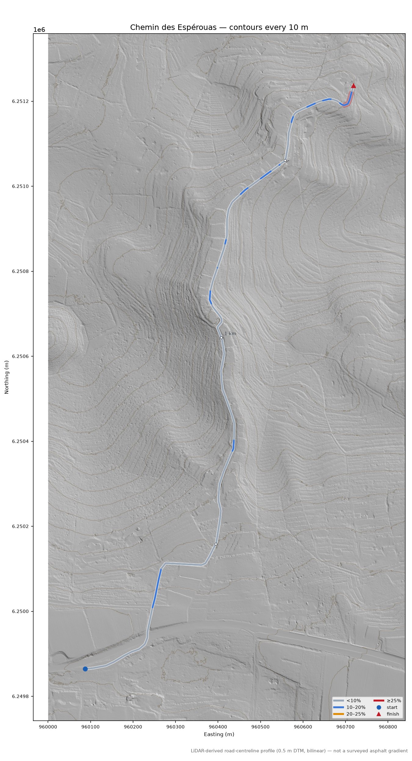 Chemin des Espérouas LiDAR hillshade map with contours