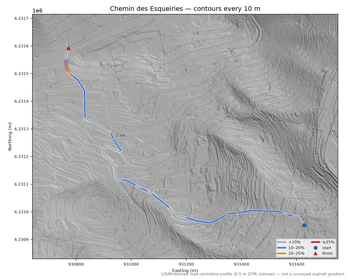 Chemin des Esqueiries LiDAR hillshade map with contours