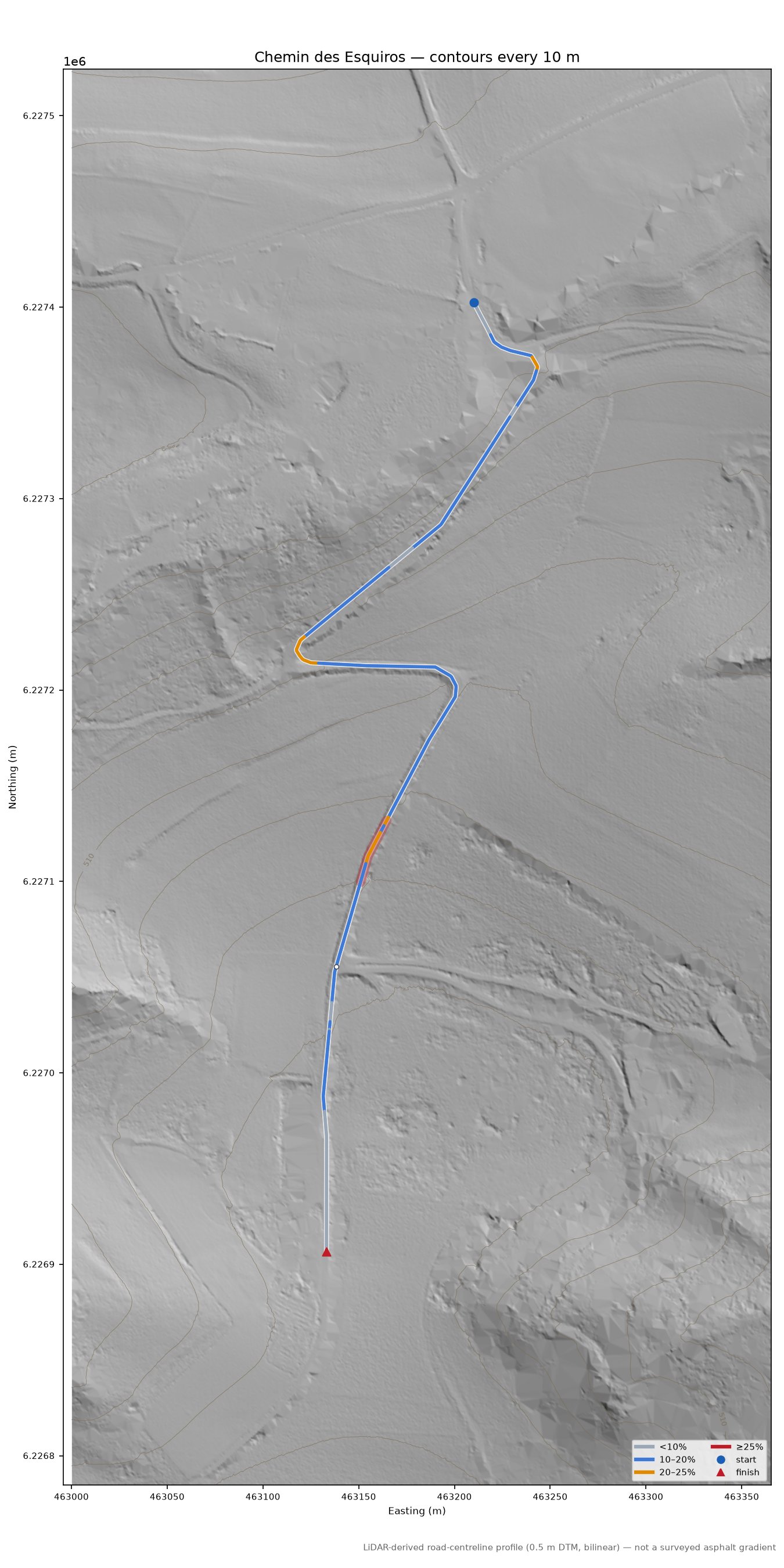 Chemin des Esquiros LiDAR hillshade map with contours