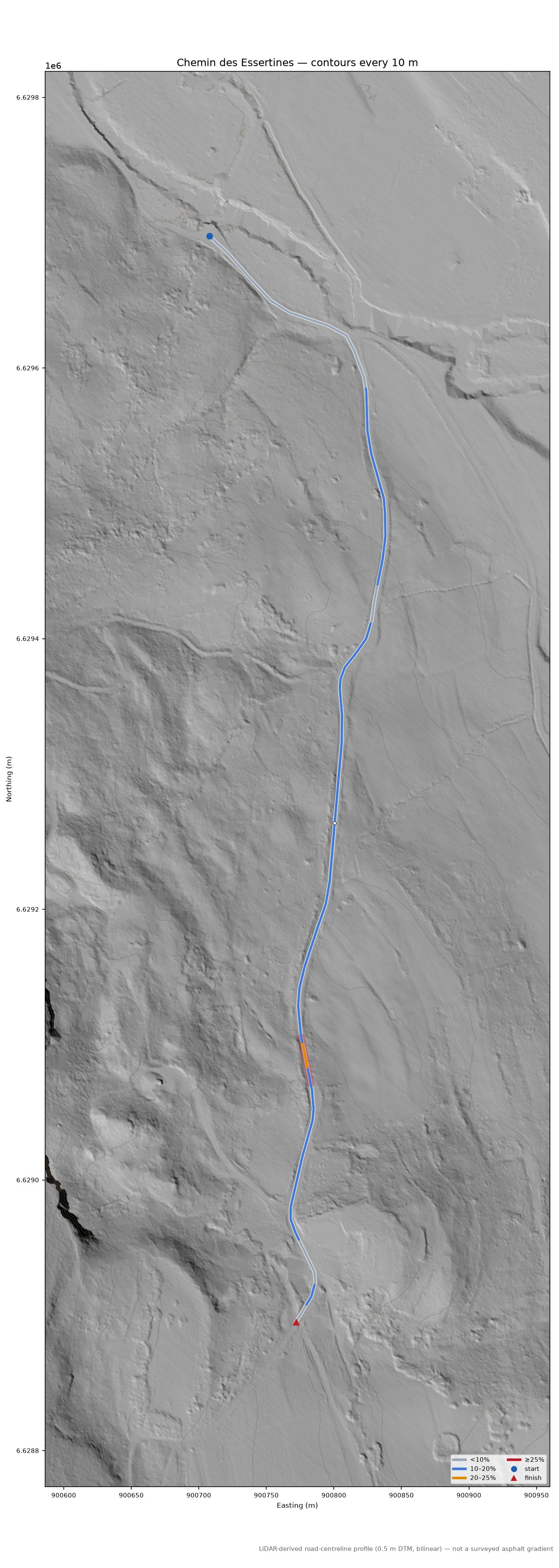 Chemin des Essertines LiDAR hillshade map with contours