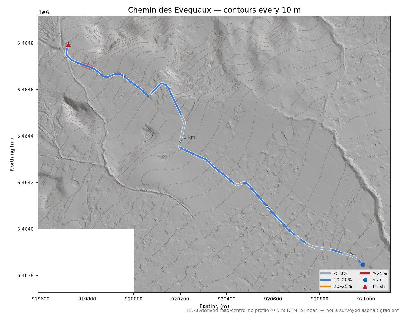 Chemin des Evequaux LiDAR hillshade map with contours
