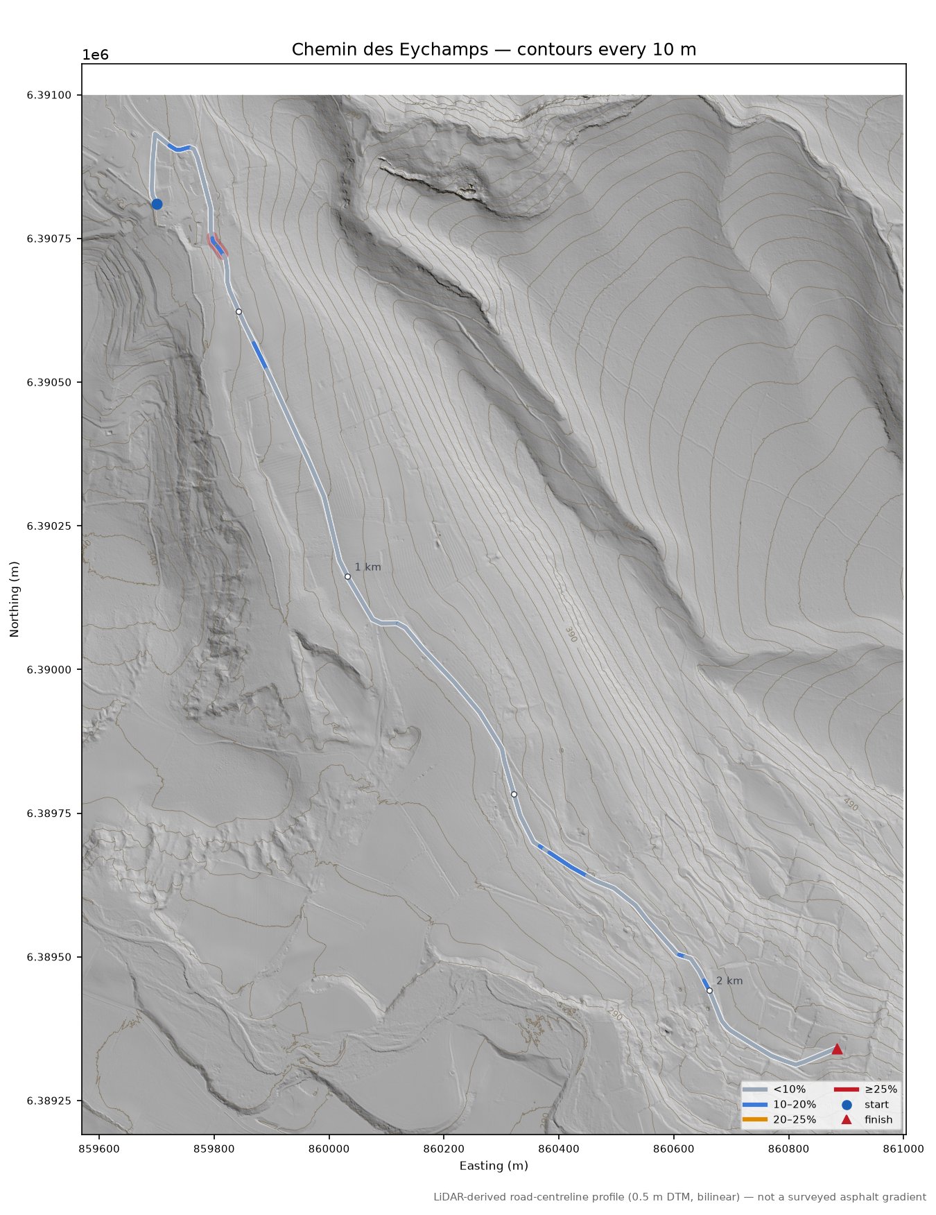 Chemin des Eychamps LiDAR hillshade map with contours