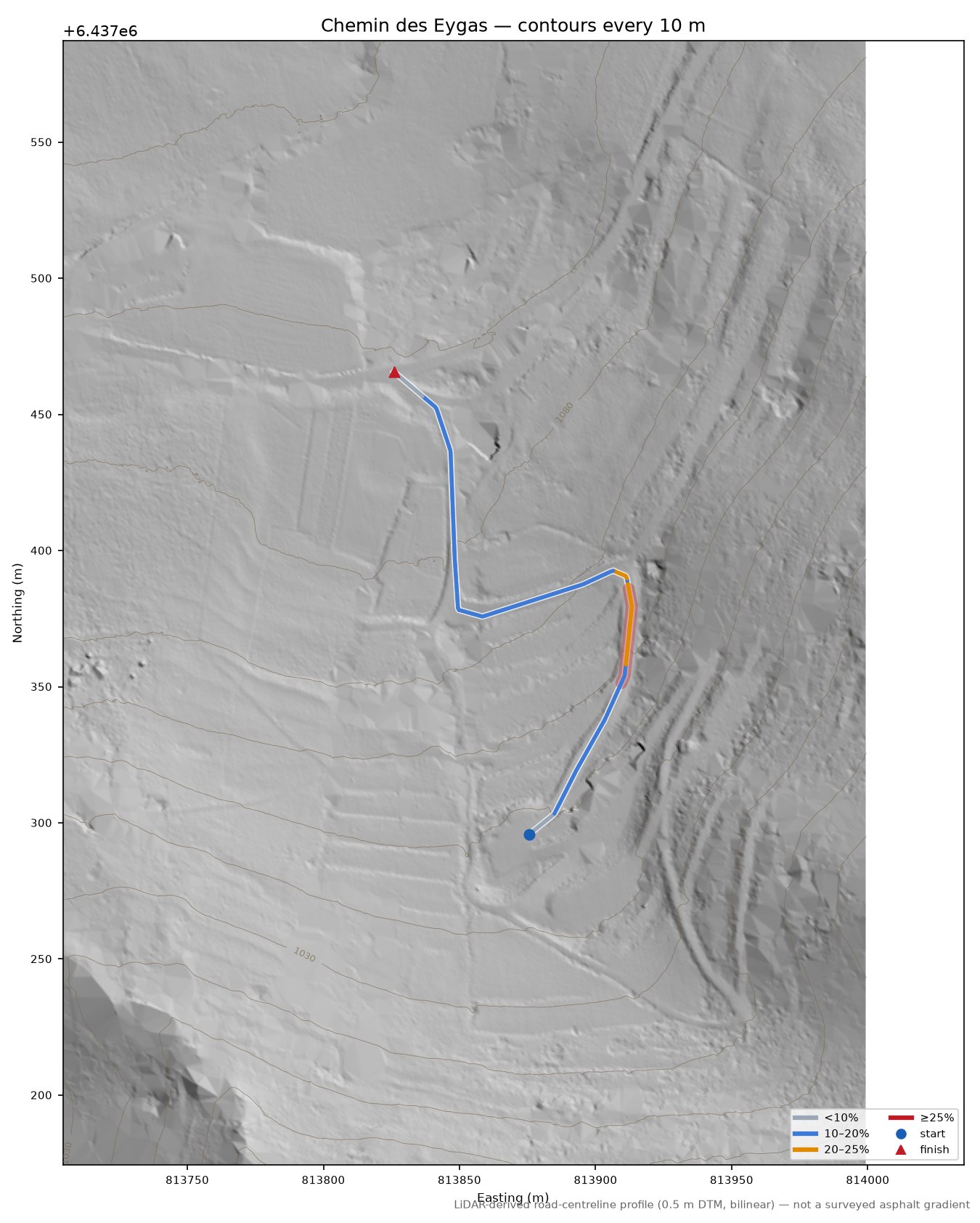 Chemin des Eygas LiDAR hillshade map with contours