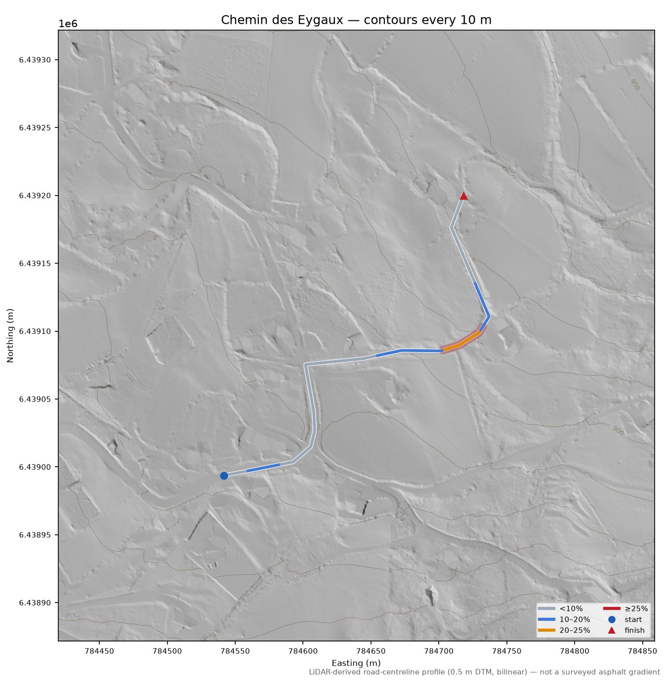 Chemin des Eygaux LiDAR hillshade map with contours