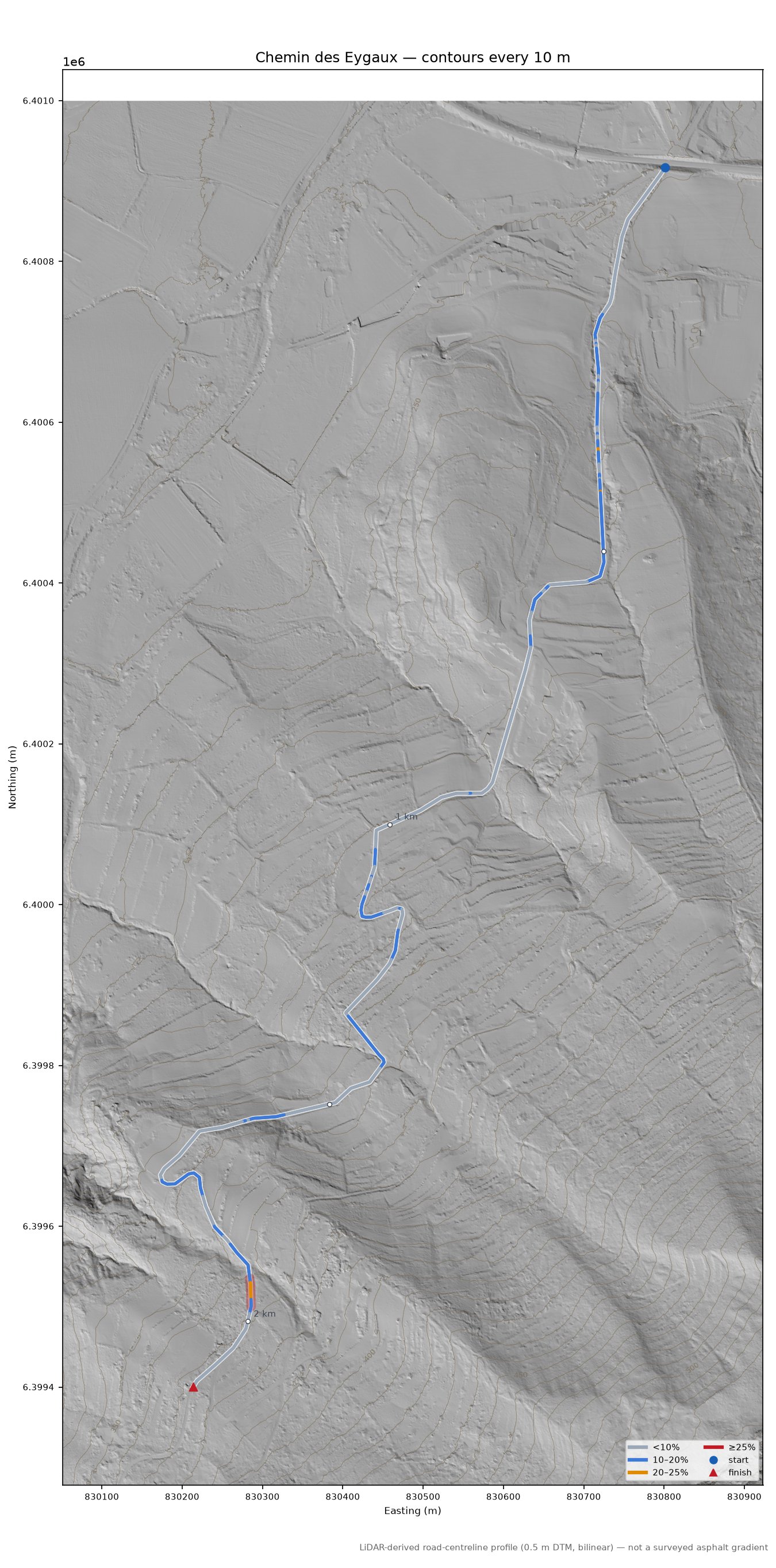 Chemin des Eygaux LiDAR hillshade map with contours