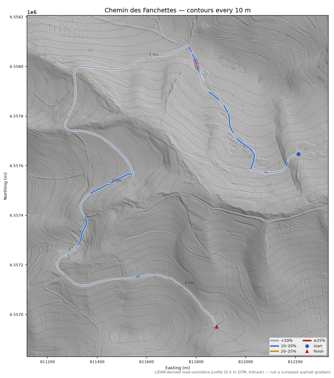 Chemin des Fanchettes LiDAR hillshade map with contours