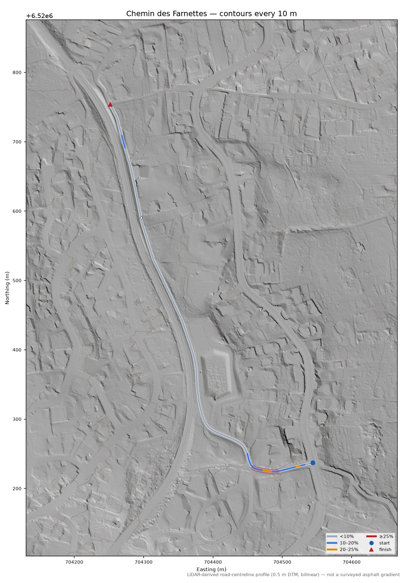 Chemin des Farnettes LiDAR hillshade map with contours