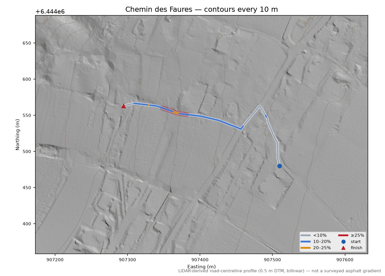 Chemin des Faures LiDAR hillshade map with contours