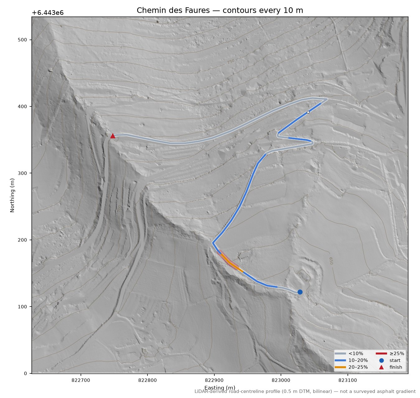 Chemin des Faures LiDAR hillshade map with contours