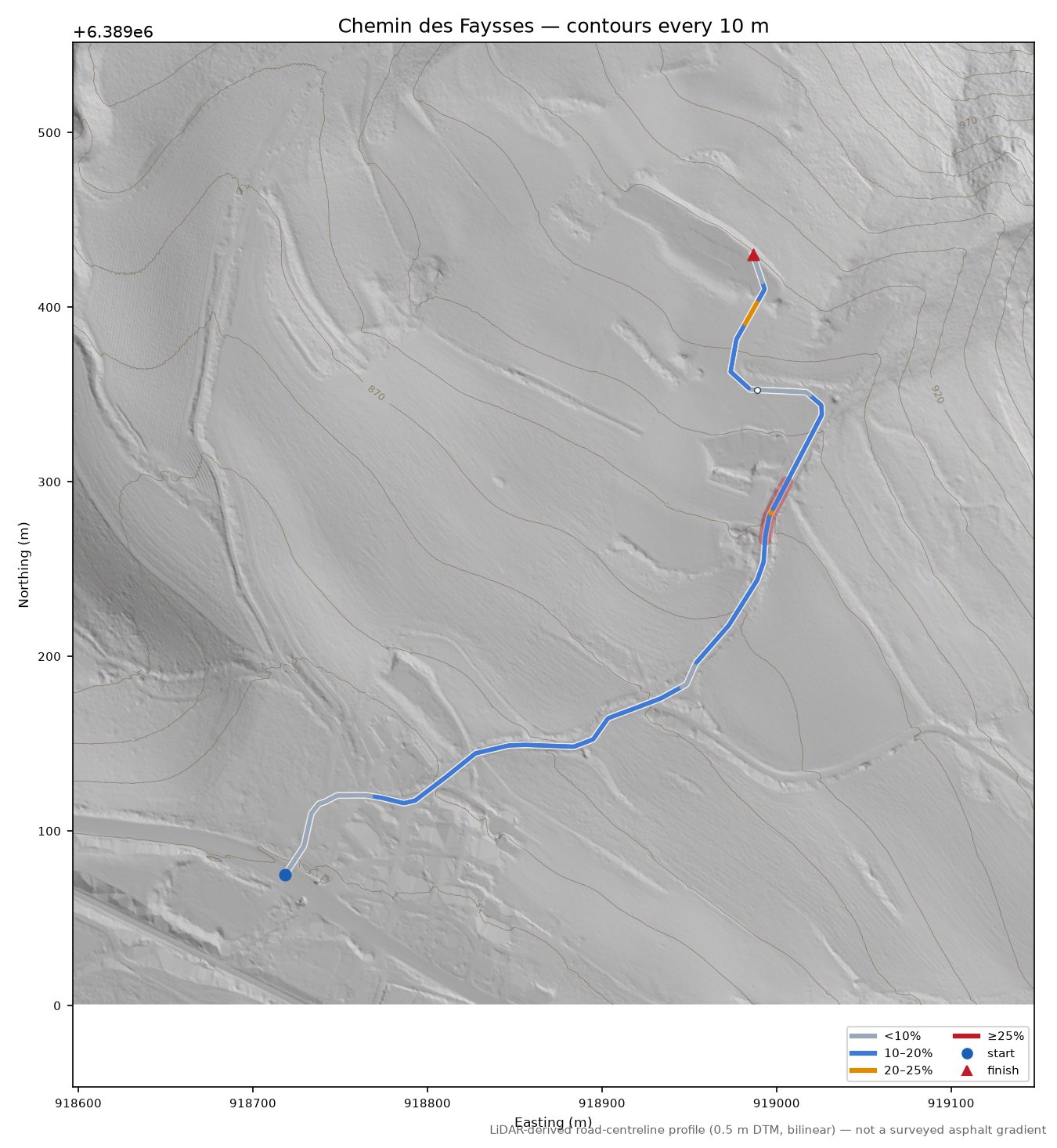 Chemin des Faysses LiDAR hillshade map with contours