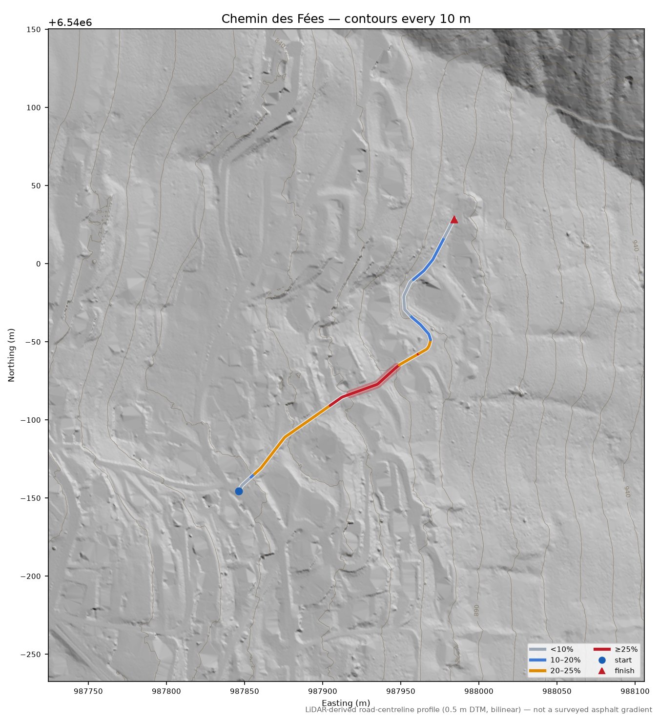 Chemin des Fées LiDAR hillshade map with contours