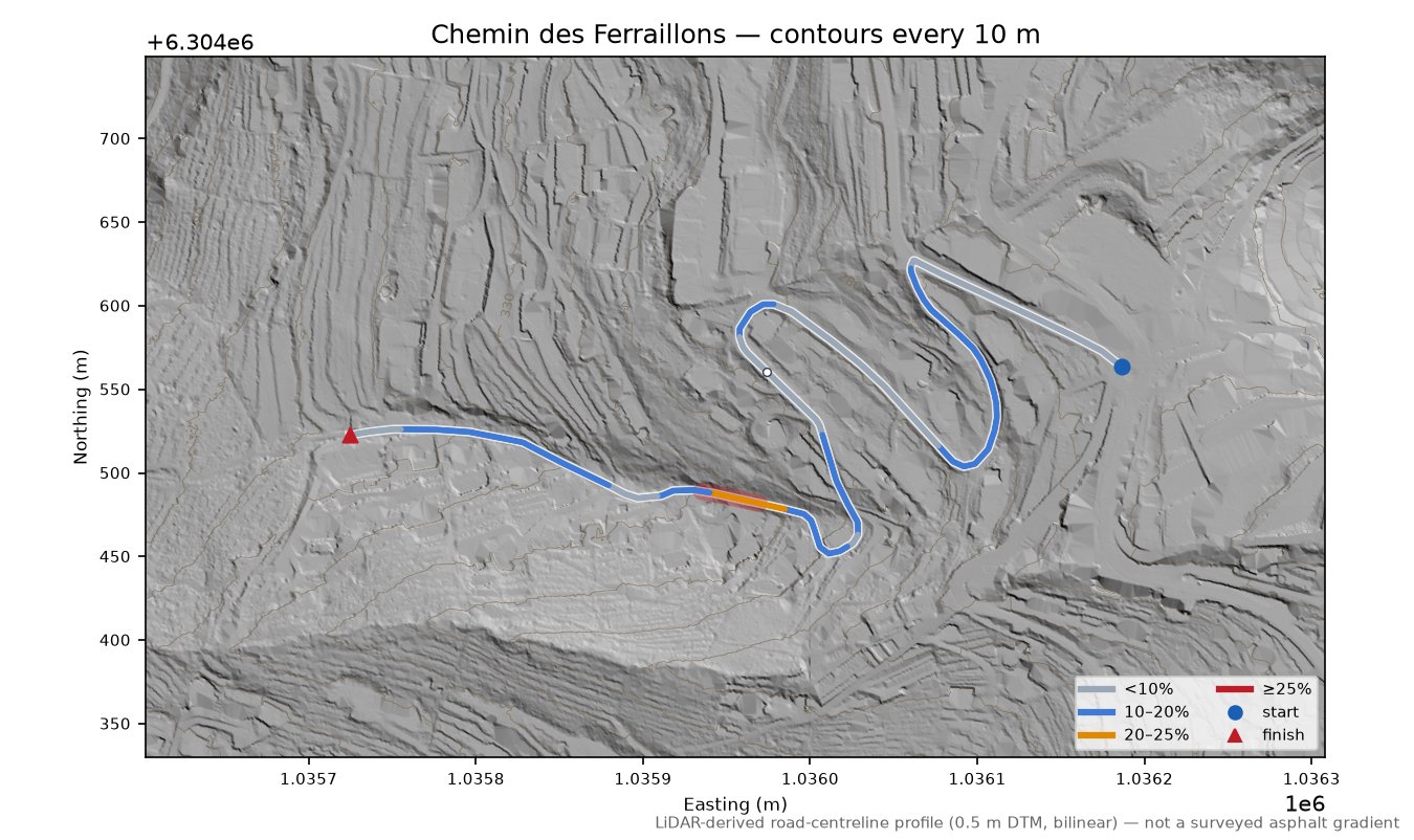 Chemin des Ferraillons LiDAR hillshade map with contours