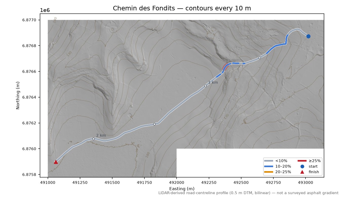 Chemin des Fondits LiDAR hillshade map with contours