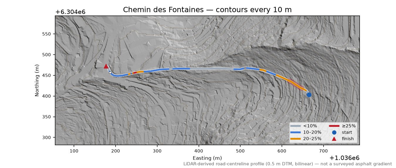 Chemin des Fontaines LiDAR hillshade map with contours