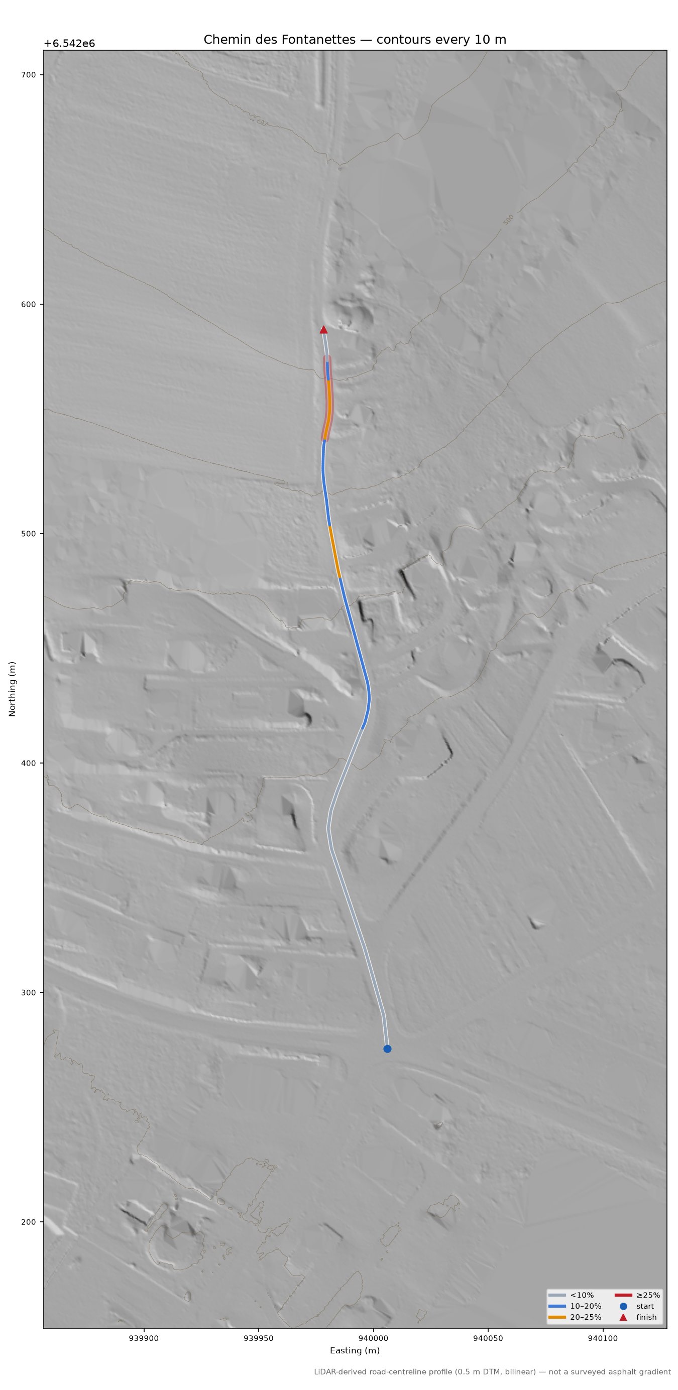Chemin des Fontanettes LiDAR hillshade map with contours