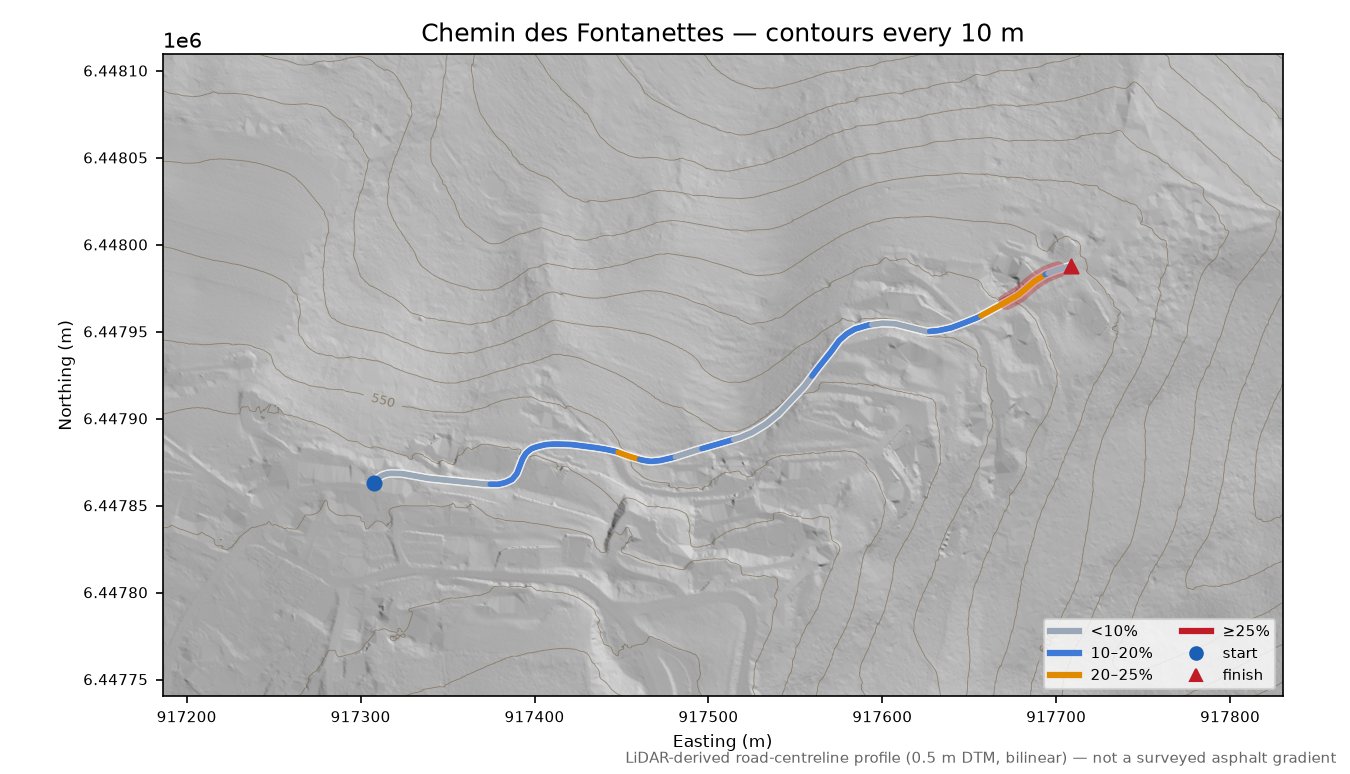 Chemin des Fontanettes LiDAR hillshade map with contours