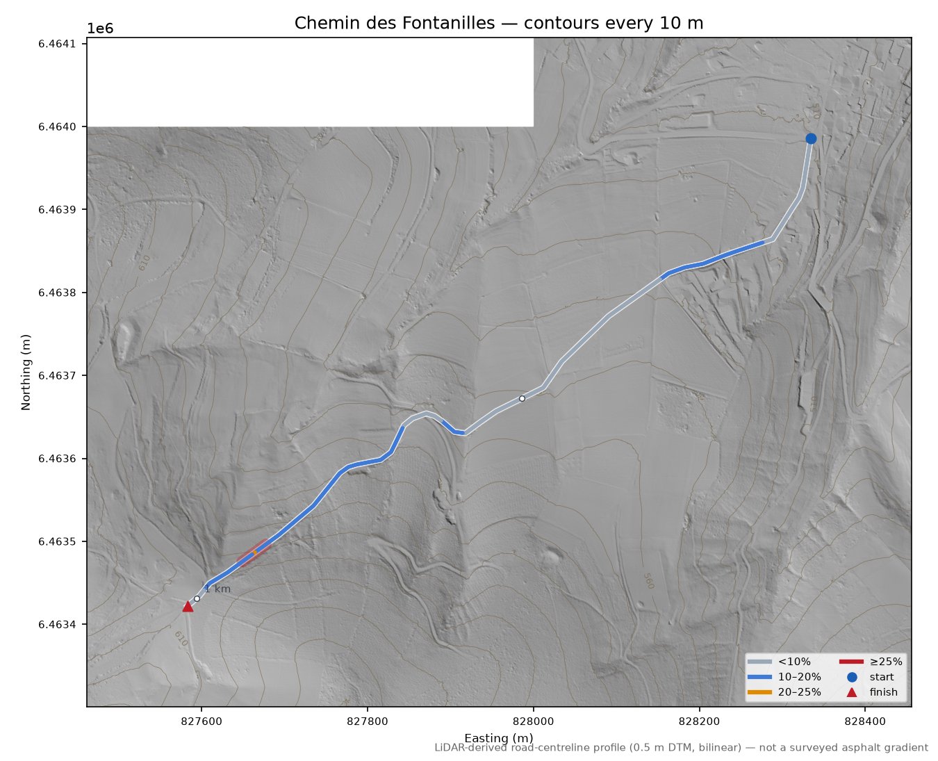 Chemin des Fontanilles LiDAR hillshade map with contours