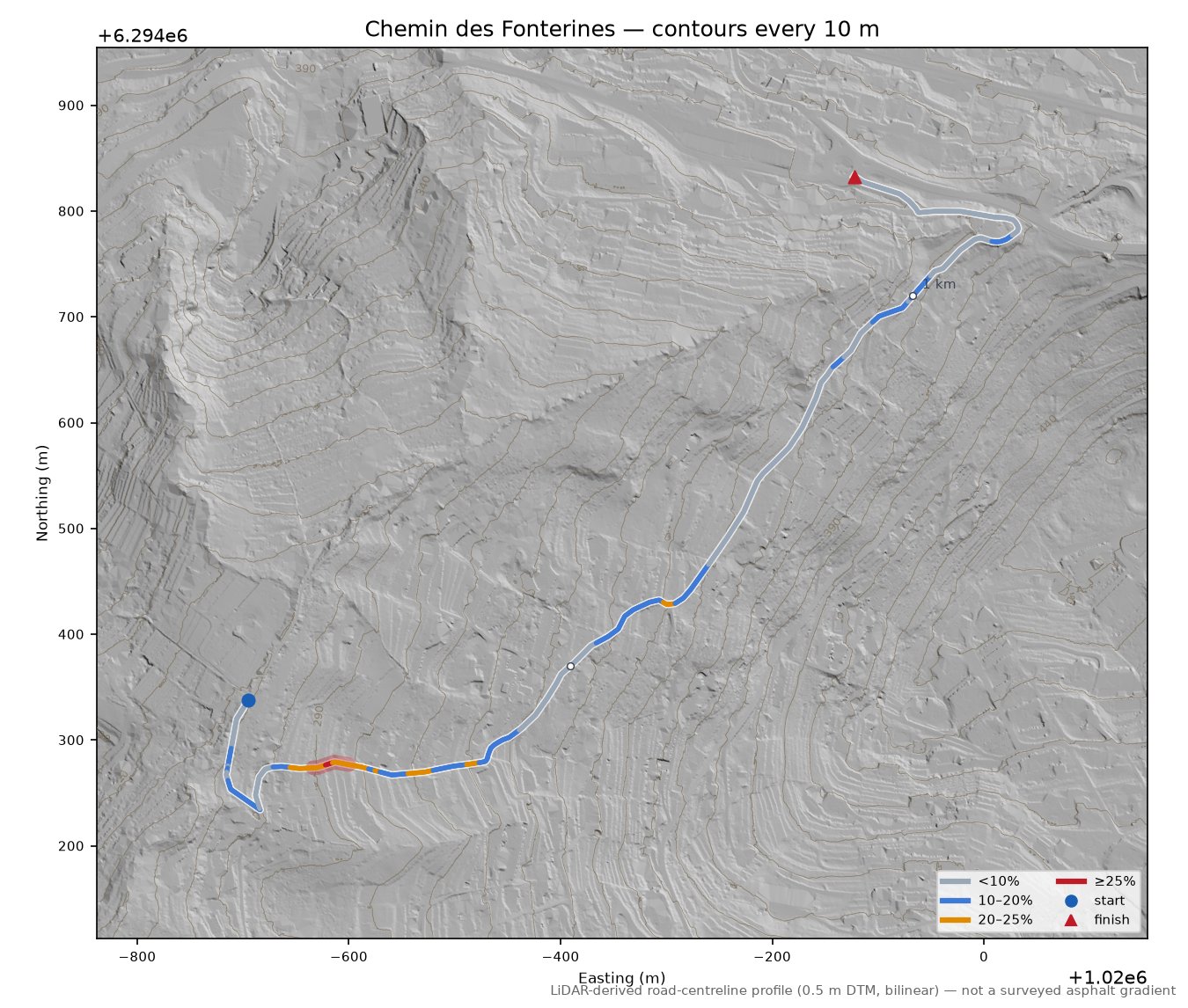 Chemin des Fonterines LiDAR hillshade map with contours