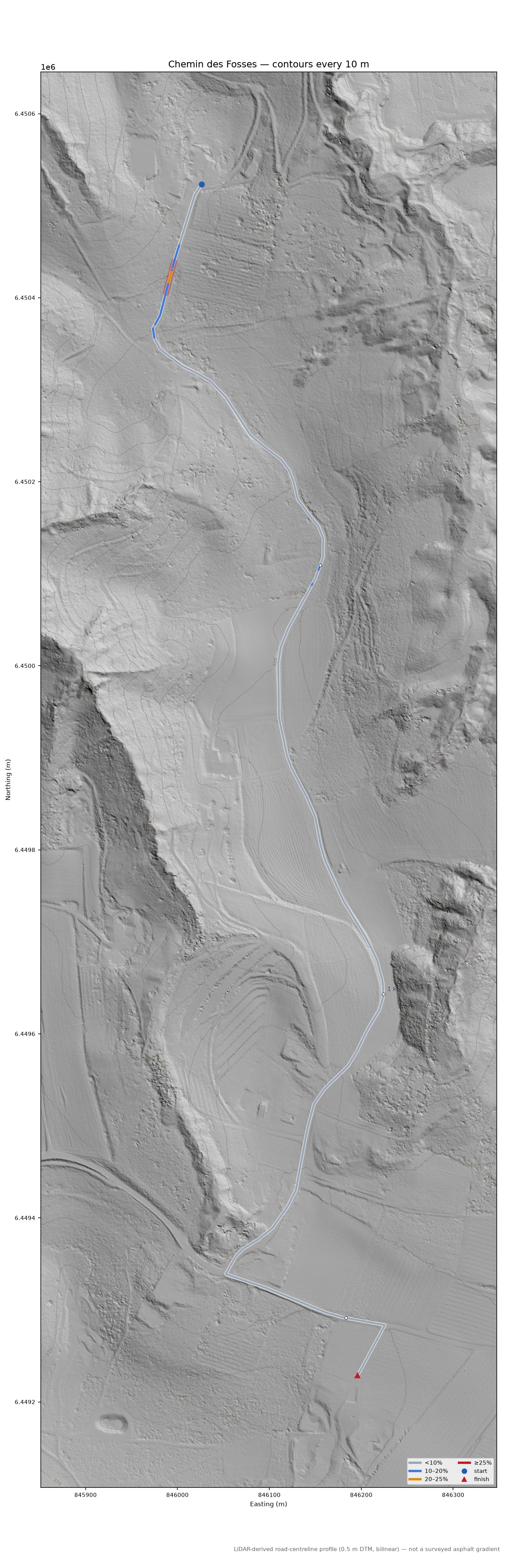 Chemin des Fosses LiDAR hillshade map with contours
