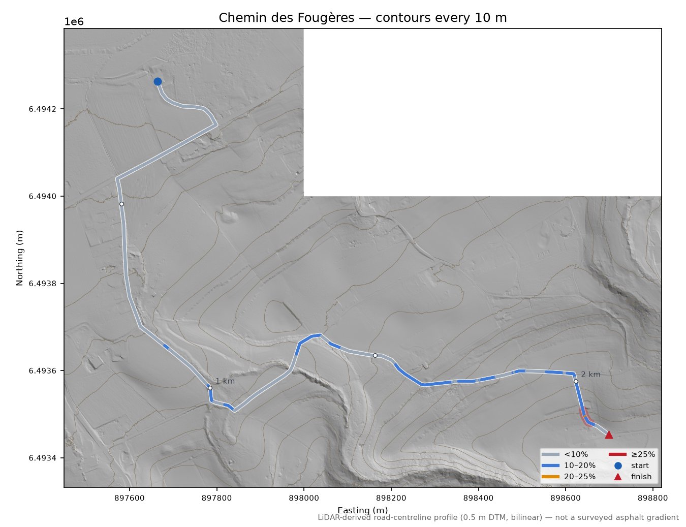 Chemin des Fougères LiDAR hillshade map with contours