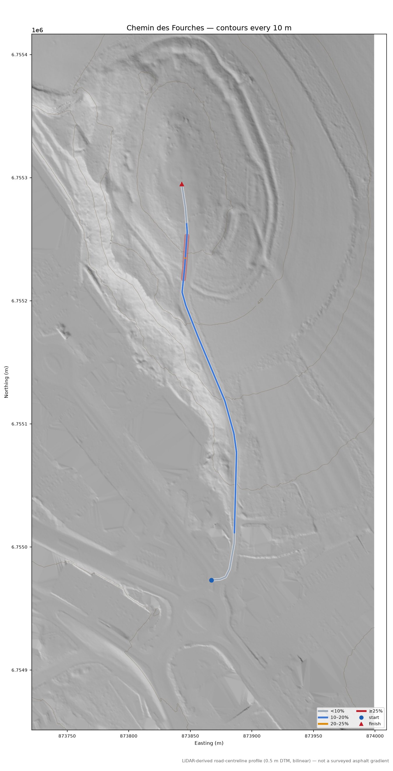 Chemin des Fourches LiDAR hillshade map with contours