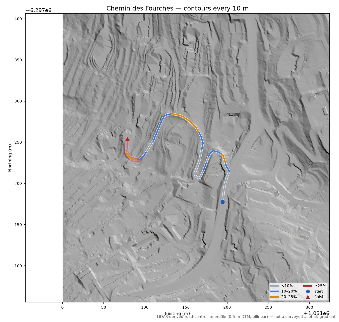 Chemin des Fourches LiDAR hillshade map with contours