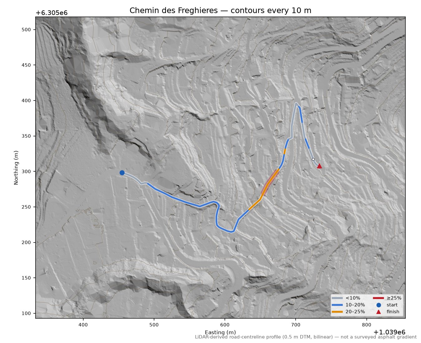 Chemin des Freghieres LiDAR hillshade map with contours
