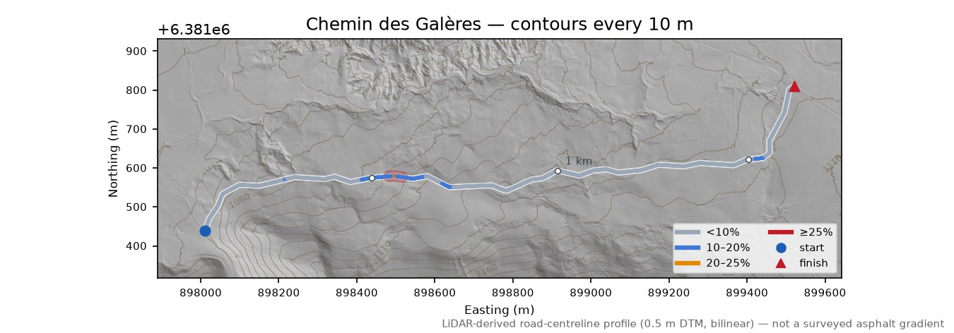 Chemin des Galères LiDAR hillshade map with contours